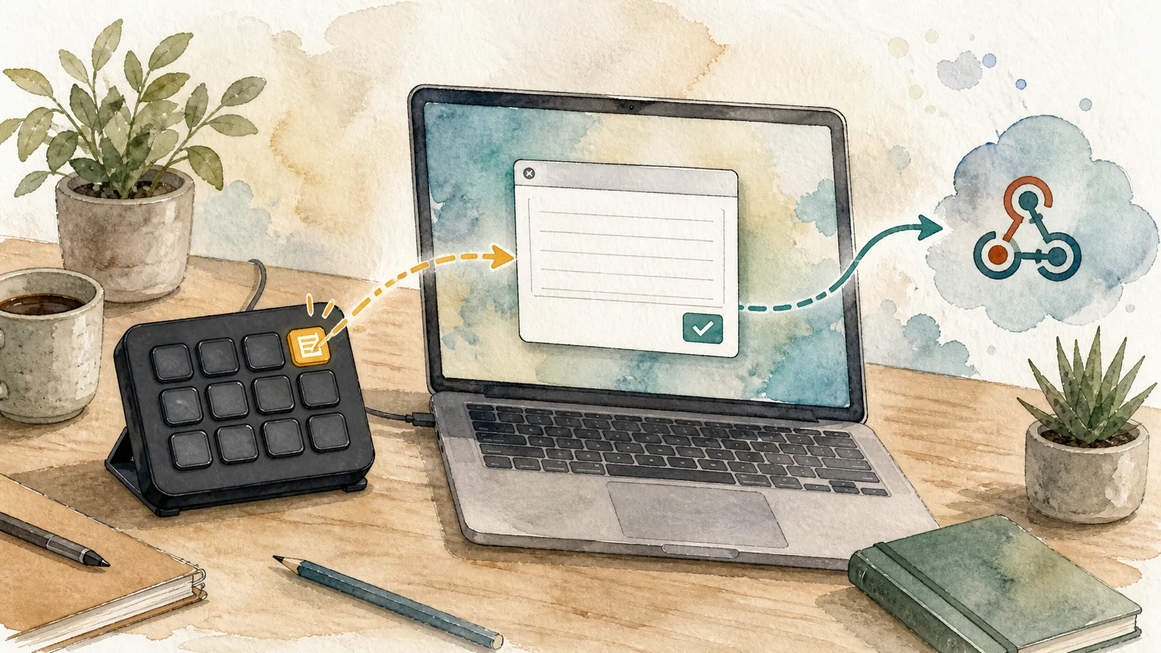 Watercolor illustration of a Stream Deck button opening a capture modal and sending a note to a webhook endpoint.