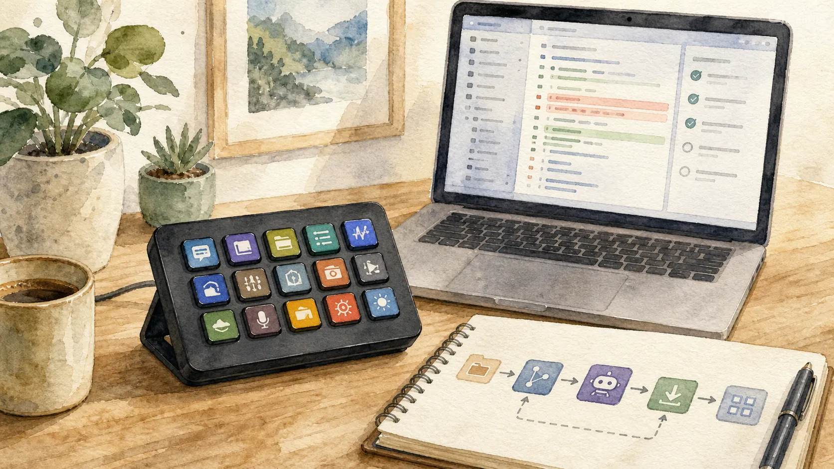 Watercolor illustration of a desk with a Stream Deck, laptop diff view, and review checklist for managing icons with coding agents.