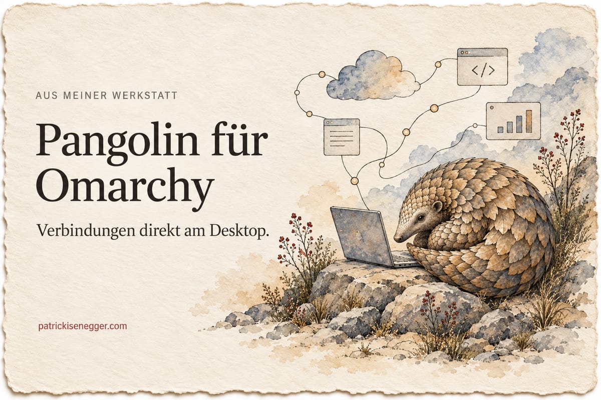 Watercolor of a pangolin beside a laptop, with the German title Pangolin für Omarchy.