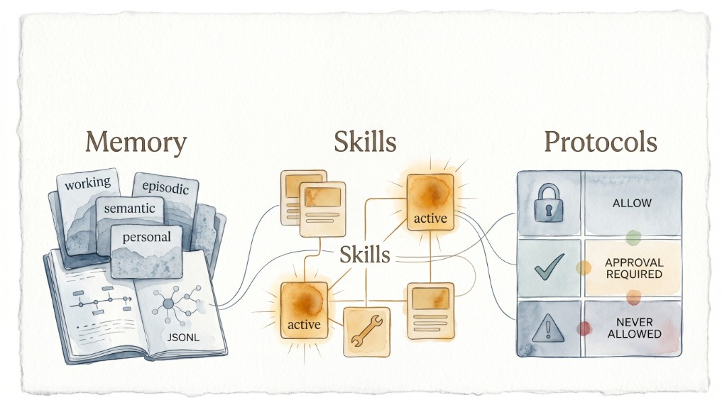 Aquarell-Übersicht: Die Trennung von Memory, Skills und Protocols im Agentic-Stack.