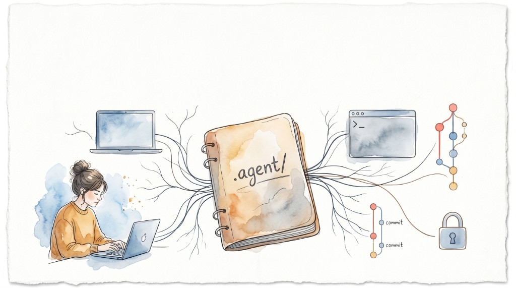 Aquarell-Illustration: Ein zentrales .agent/-Notizbuch als portables Agenten-Gedächtnis, verbunden mit verschiedenen Tool-Umgebungen.