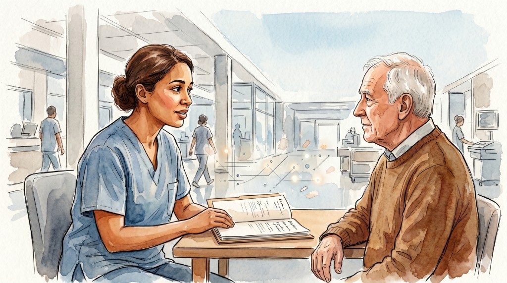 Aquarell-Illustration: Ärztin und älterer Patient im ruhigen Gespräch im Klinikflur, mit dezenten digitalen Signalen im Hintergrund.